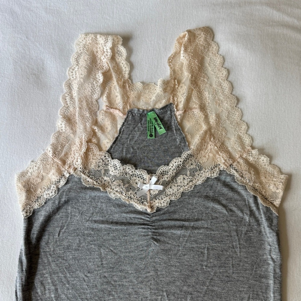 Honeydew Lace Trim Babydoll Chemise Nightgown M Gray Stretch Y2K Bow Coquette